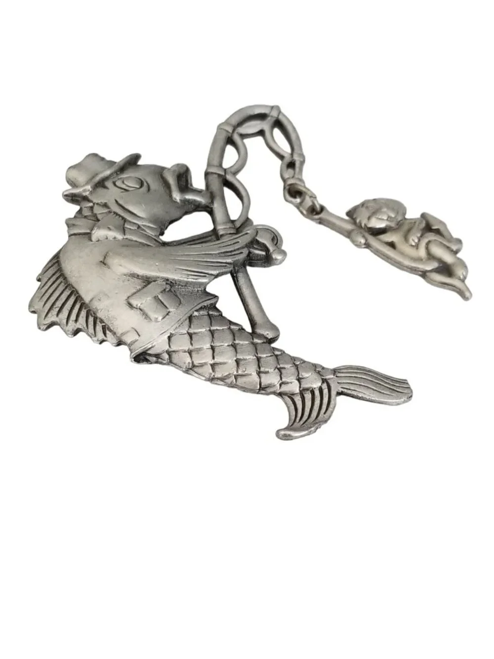 JJ Jonette Pewter Fish With Rod Catching Cat, Signed M164